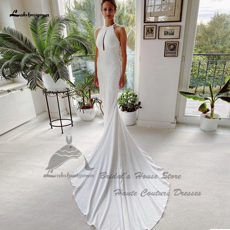 

Lakshmigown Simple Soft Satin Mermaid Wedding Dress 2023 Halter Robe Backless Sexy Bridal Receipt Dinner Party Gowns Long Train