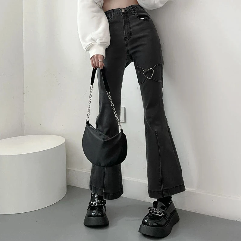 

MEXZT Vintage Jeans Women Streetwear High Waist Slit Denim Flare Pants Y2K Harajuku Black Slim All-Match Trousers Spring Summer