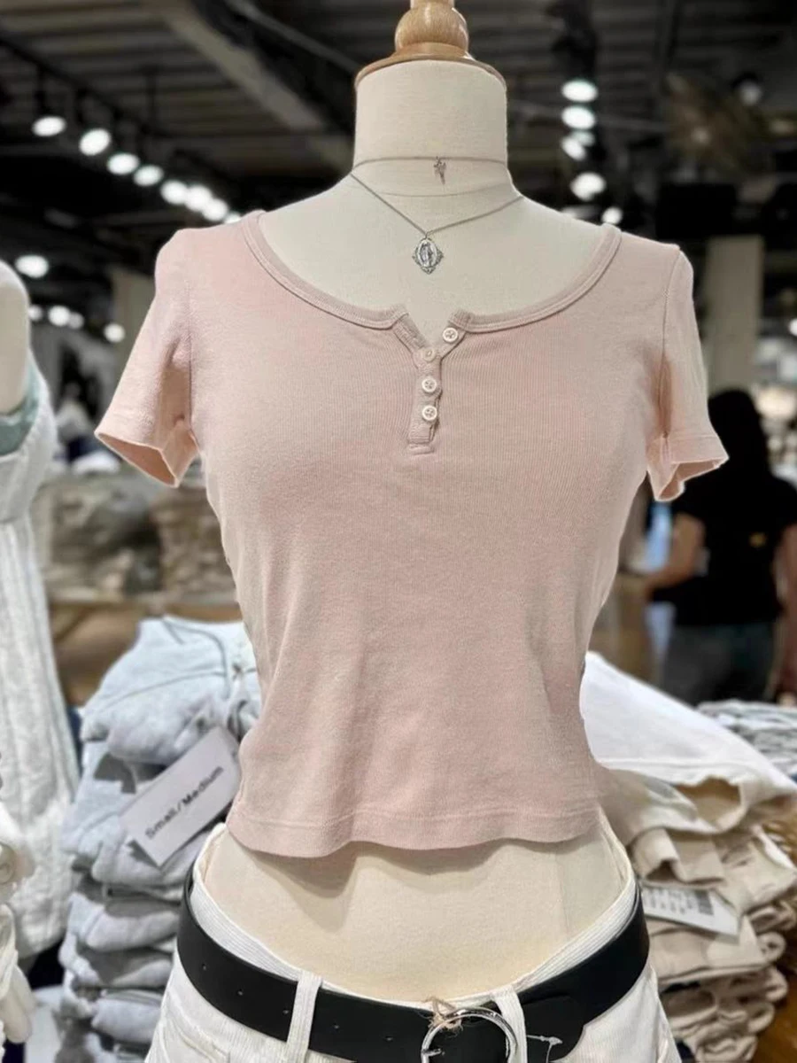 Woman Buttons Ribbed Cute Crop Top Summer Short Sleeve Round Neck Soft Cotton Tee Shirt Female Sweet Cute Preppy Style y2k Tops
Woman Buttons Ribbed Cute Crop Top Summer Short Sleeve Round Neck Soft Cotton Tee Shirt Female Sweet Cute Preppy Style y2k Tops