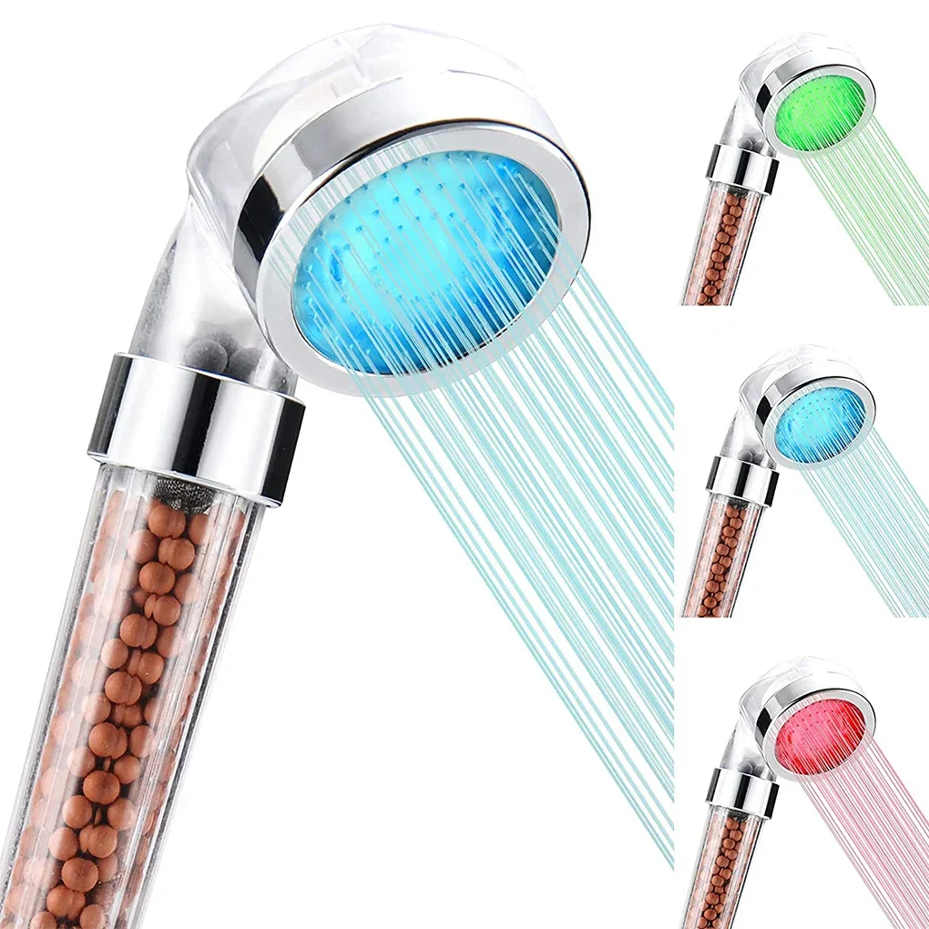 

LED 3 Color Changing Shower Head Temperature Sensor Water Saving Sprayer Mineral Anion Spa High Pressure Filter Shower Head