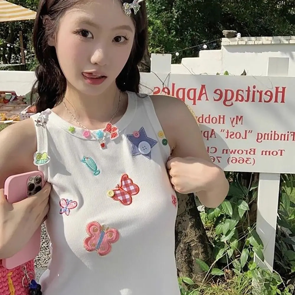 Slim Version Sleeveless Blouse Sweet Niche Design Microelastic Short Knit Vest S M L Butterfly Embroidery Sling Girls Women
Slim Version Sleeveless Blouse Sweet Niche Design Microelastic Short Knit Vest S M L Butterfly Embroidery Sling Girls Women