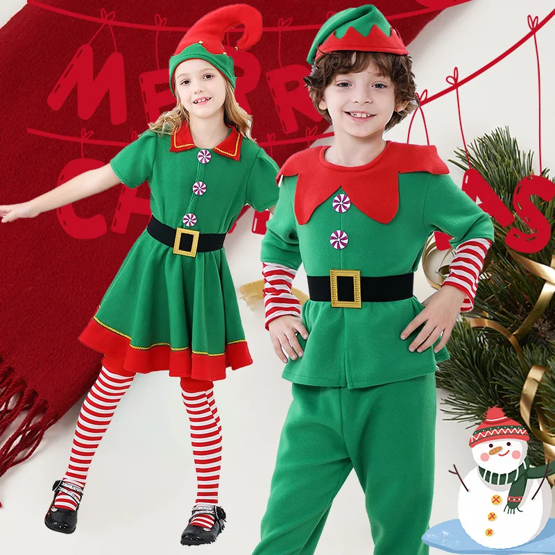 

Christmas Santa Claus Costume Green Elf Cosplay Family Carnival Party New Year Fancy Dress Clothes Set For Men Women Girls Boys