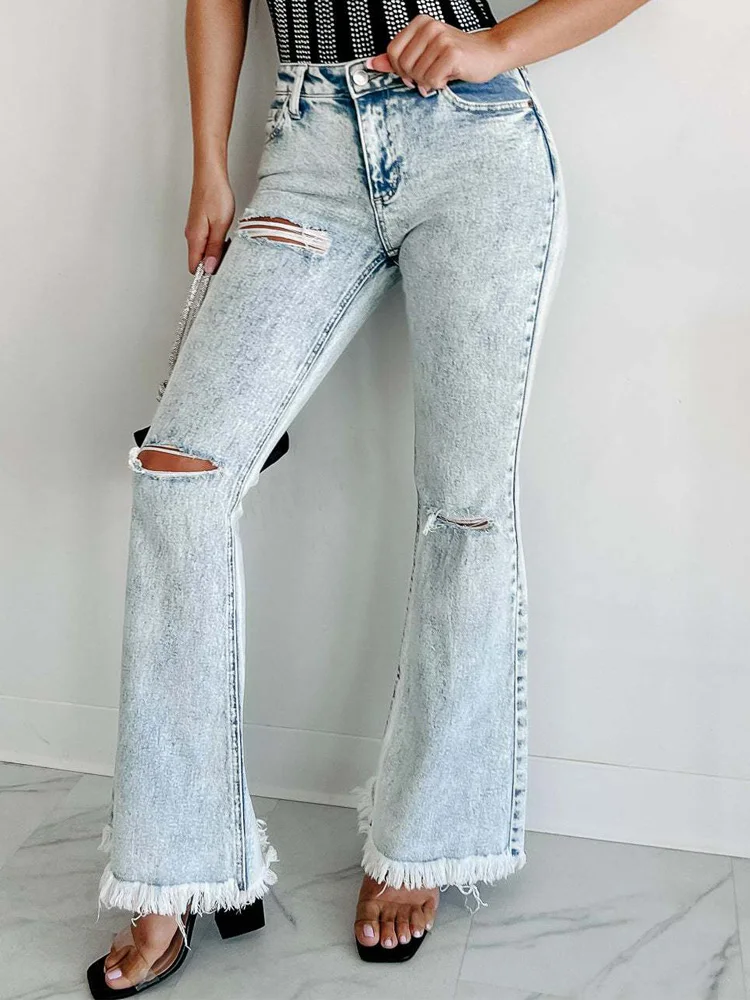 

Benuynffy Women's Ripped High Waisted Frayed Hem Flare Jeans Streetwear Casual Washed Distressed Denim Long Trousers Bell Bottom