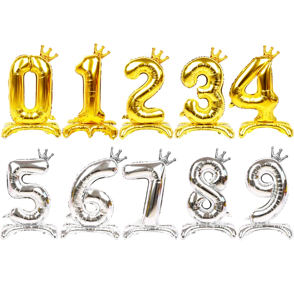 

32Inch Gold Number Stand Balloons with Crown 0-9 Figures Helium Globos Birthday Party Decorations Kids Toys Anniversary Balloon