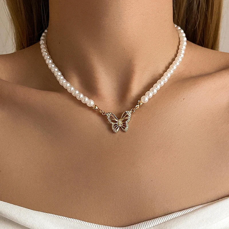 

Женское винтажное ожерелье с жемчужной цепочкой, элегантный чокер с кулоном-бабочкой в стиле ретро, Ювелирное Украшение на цепочке до ключиц