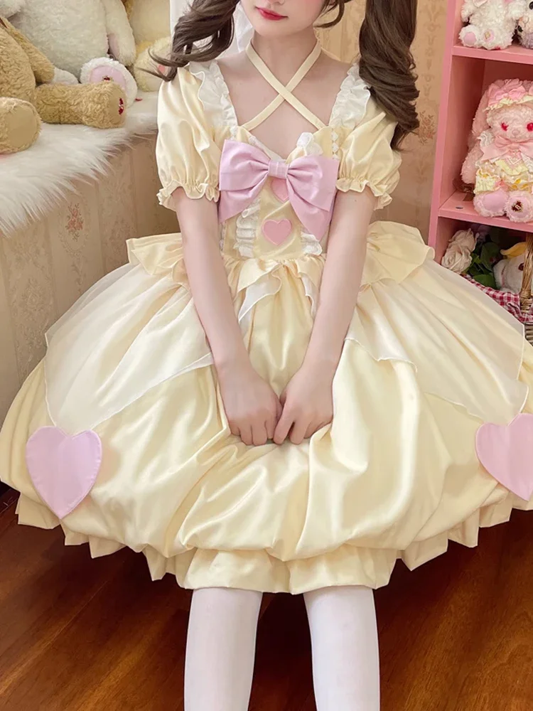 

Summer Lolita Dress Ruffled Lace Kawaii Square Collar Bow Puff Sleeve A-Line Princess Sweet Heart-shaped Japanese Dress