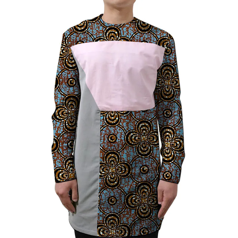 

Pink/Gray Patchwork Tops Men African Print O-Neck Shirts Tailored Design Nigerian Fashion Party Wear