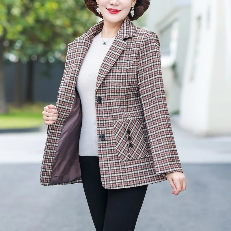 

2024 New Quality Spring Autumn Coat Tops Middle-Aged Elderly Women's Casual Jacket Fashion Lattice Suit Jacket Female Outerwear