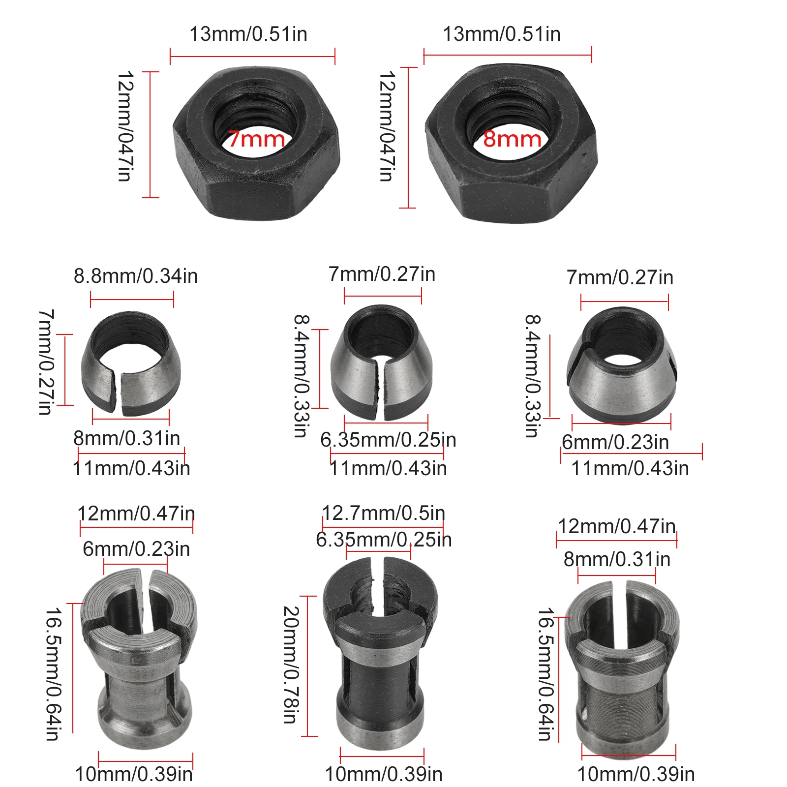 8pcs 6mm/ 6.35mm/ 8mm Collets Chuck With 7mm/8mm Nut Engraving Trimming Machine Electric Router Milling Cutter Accessories
8pcs 6mm/ 6.35mm/ 8mm Collets Chuck With 7mm/8mm Nut Engraving Trimming Machine Electric Router Milling Cutter Accessories