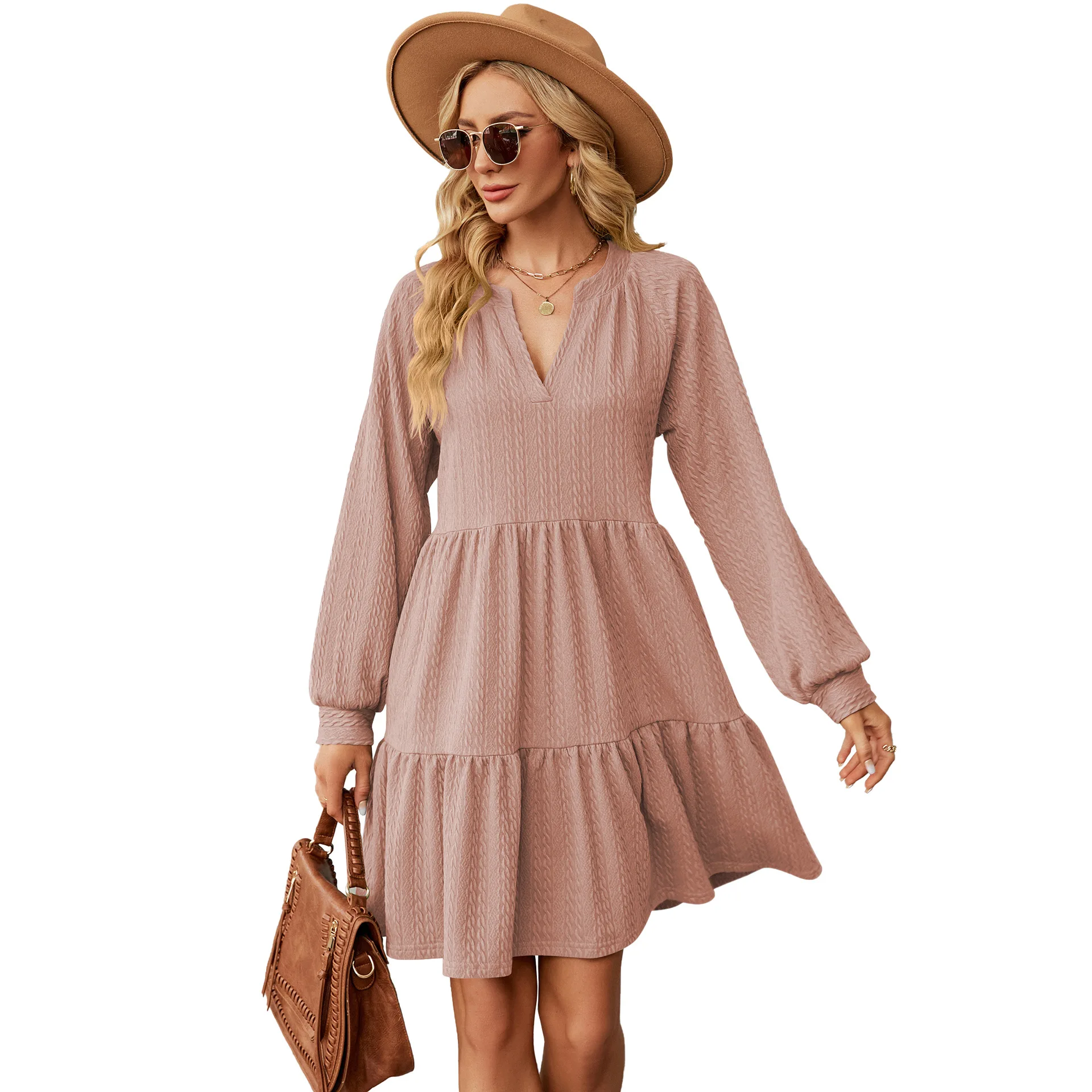 

Autumn and Winter New Solid Color V-Neck Loose Fold Spliced Long Sleeved Dress