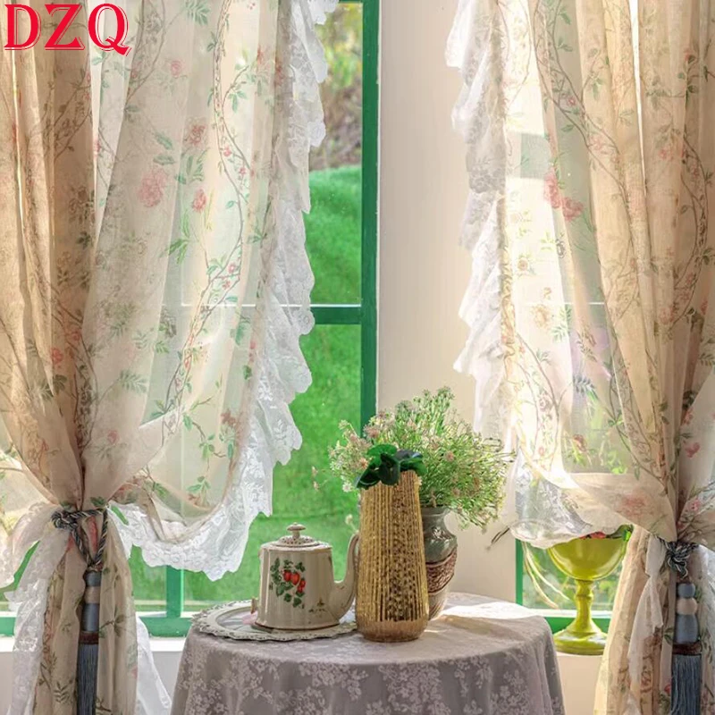 

Idyllic American Rural Flowers Tulle Door Curtains Floral Warp Ruffled Gauze Curtains for Kitchen Retro Beige Lace Curtains A390