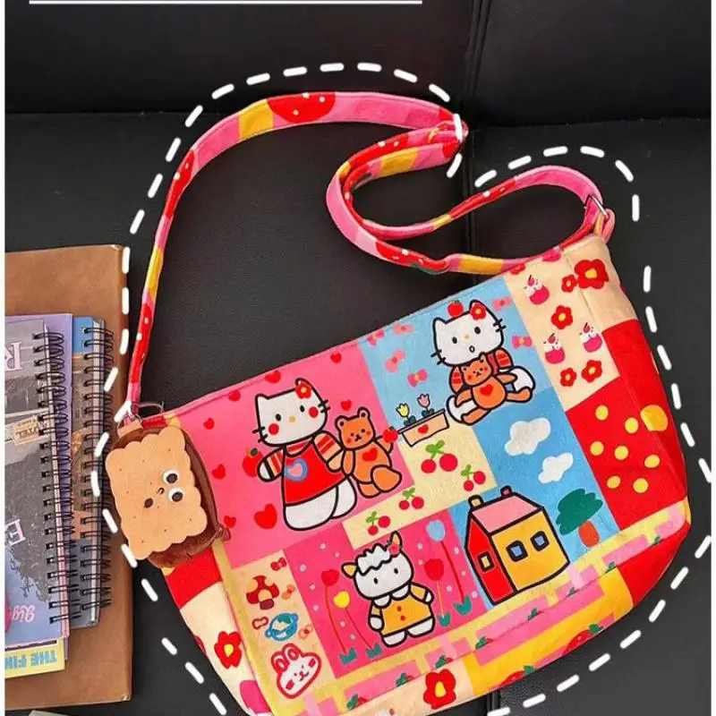 

New MINISO Hello Kitty Shoulder Bag Kawaii Sanrio Cute Graffiti Fashion Women Large Capacity Anime Storage Bag Y2K Girls Gifts