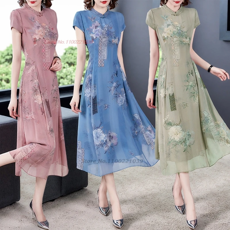 

2024 chinese vintage dress improved cheongsam national flower print a-line chiffon qipao oriental banquet evening dress vestido