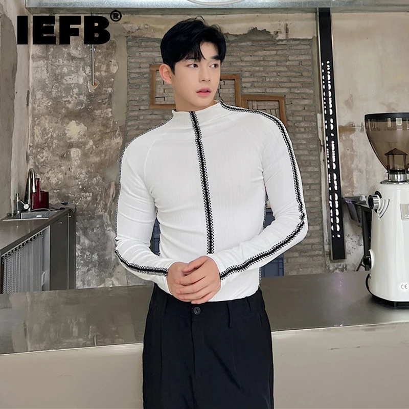 

Футболка IEFB мужская с длинным рукавом, пуловер контрастных цветов, модная нишевая дизайнерская приталенная кофта с воротником-стойкой, 9C2028