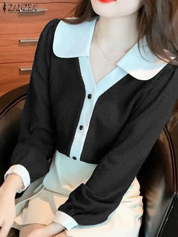 

Fashion Patchwork Shirt Women Office Lapel Tops ZANZEA 2024 Spring Textured Fabric Blouse Elegant Buttons Long Puff Sleeve Tunic