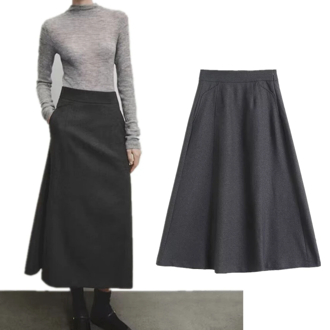 

Dave&Di British Women's Skirts Women Minimalist High Waisted Gray A-line Skirt Retro Ladies Elegant 2024 SS