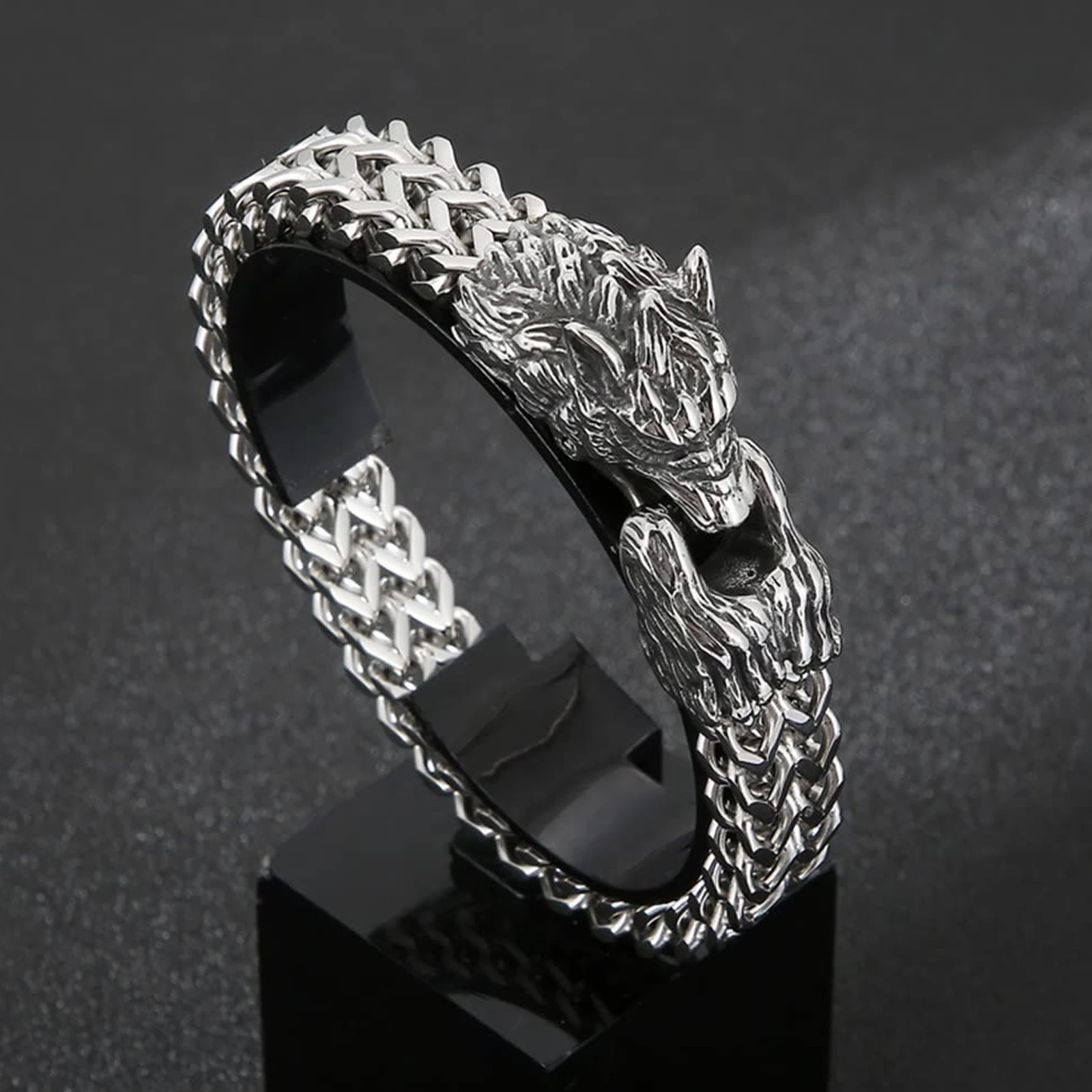 

Bangle Bracelet Men Wolf Head Animal Punk Bracelet, Viking Wolf Head Stainless Steel Wristband Fashion Mesh Chain Bangle Jewelry