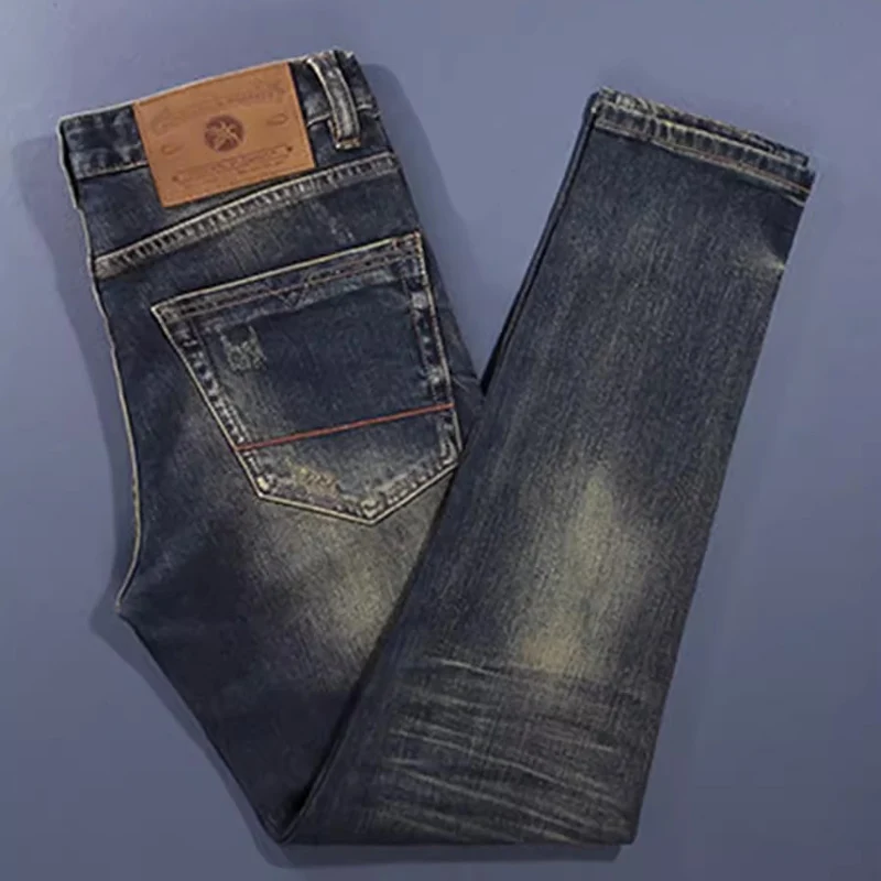 

Fashionable New Designer Men's Jeans High Quality Vintage Wash Blue Elastic Slim Fit Split Jeans Men's Vintage Denim Pants Hombr