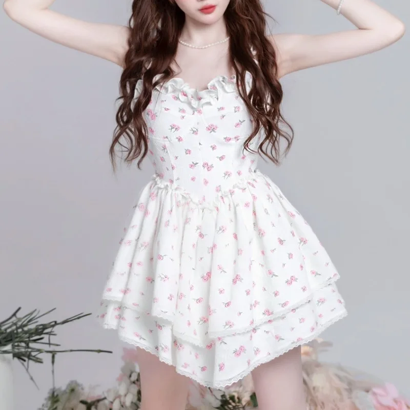 

French White Floral Dress for Women Summer Slash Neck New Vintage Aesthetic Print Pure Desire Style Waist Princess Fluffy Robes
