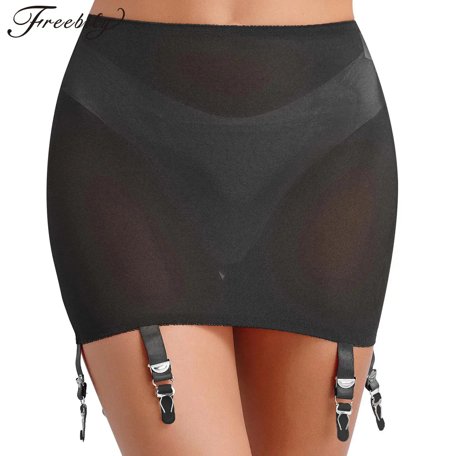 

Womens Sexy High Waist Mesh Skirt Elastic Waistband Garter Belt 6 Adjustable Straps with Clips See Through Mini Skirt Clubwear