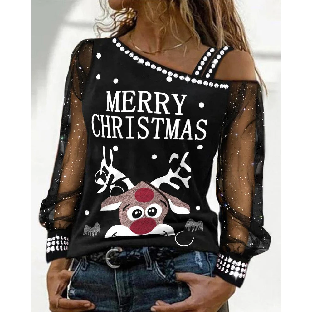 New Women Christmas Elk Print Contrast Mesh Cold Shoulder Top Rhinestone Female Long Sleeve Blouses Black T-Shirts y2k Clothes
New Women Christmas Elk Print Contrast Mesh Cold Shoulder Top Rhinestone Female Long Sleeve Blouses Black T-Shirts y2k Clothes