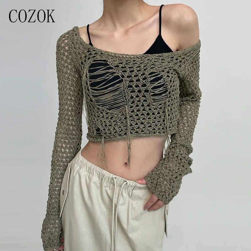 

Cozok Y2K укороченный топ с вырезами, Женский Осенний Ретро пуловер с длинным рукавом и отверстиями, шикарный корейский волшебный свитер, накидка