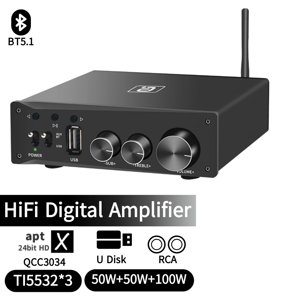 

AYINO AptX HD Bluetooth 5.1 HiFi 2.1 Channel Power Amplifier TPA3116*2 U-Disk Stereo Digital Subwoofer Audio Amp 50W*2 + 100W