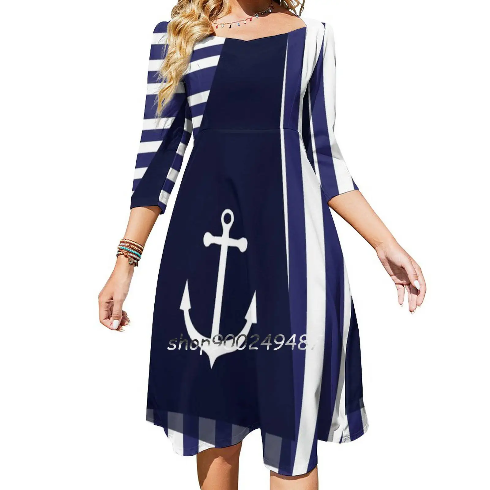 

Sailor Stripes With Anchor Sweetheart Knot Flared Dress Fashion Design Large Size Loose Dress Sailor Sailor Stripe Stripe