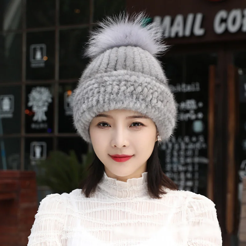 

100% Real Mink Fur Hat Women Winter Knitted Beanie Russian Girls Cap With Fox Fur Pom Poms Thick Female Cap Elastic Knitted Hat