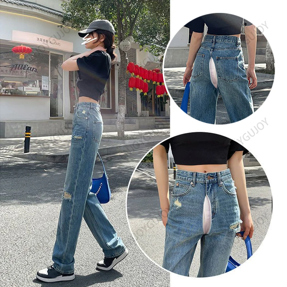 

Invisible Crotch Open Outdoor Sex Fashion Hollow Out Wide Leg Jeans Women Loose High Waist Straight Leg Mopping Pants