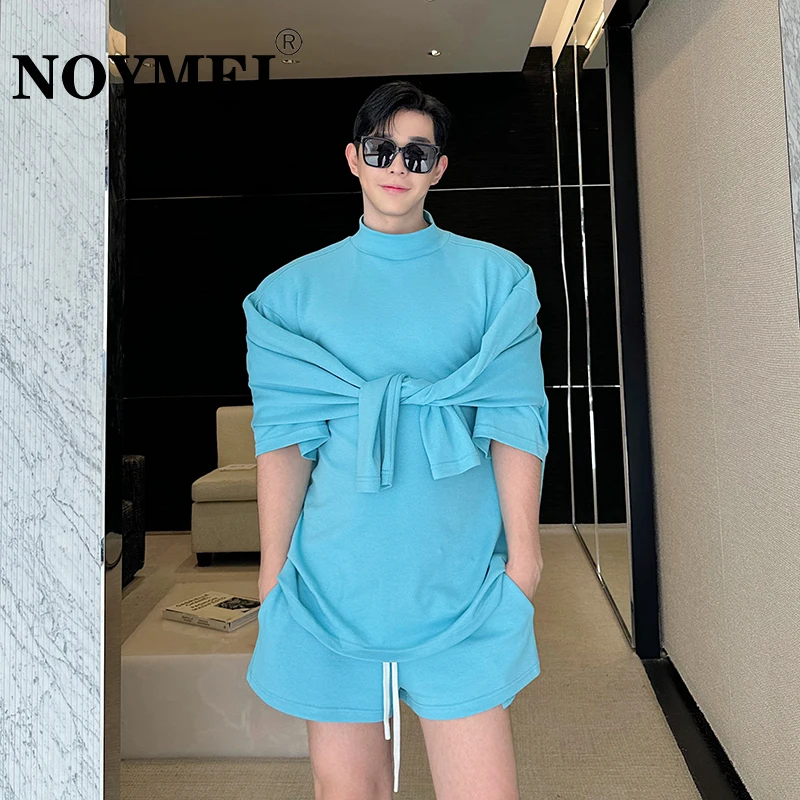 

NOYMEI Solid Color Casual Niche Sleeve Deisgn Stand Collar Sweatshirt Drawstring Shorts 2024 Summer New Two Pieces Set WA4299