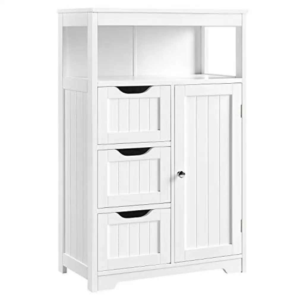 

Bathroom Floor Cabinet Wooden Storage Organizer with 1 Door and 3 Drawers, Free-Standing Cupboard for Kitchen/Living Room/Bathro