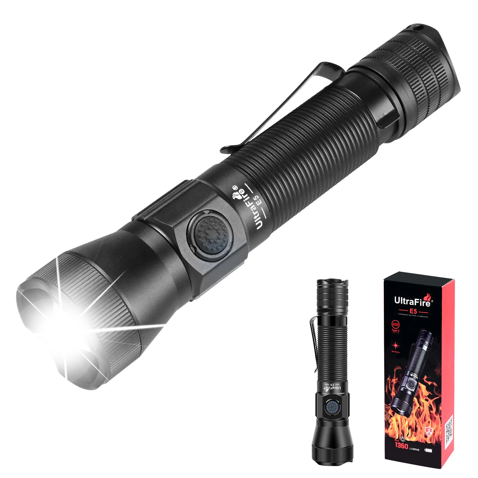 

UltraFire E5 High Power Led Flashlight 1350 Lumen Army Tactical Powerful Torch Light Type-C USB Rechargeable 18650 Military Lamp