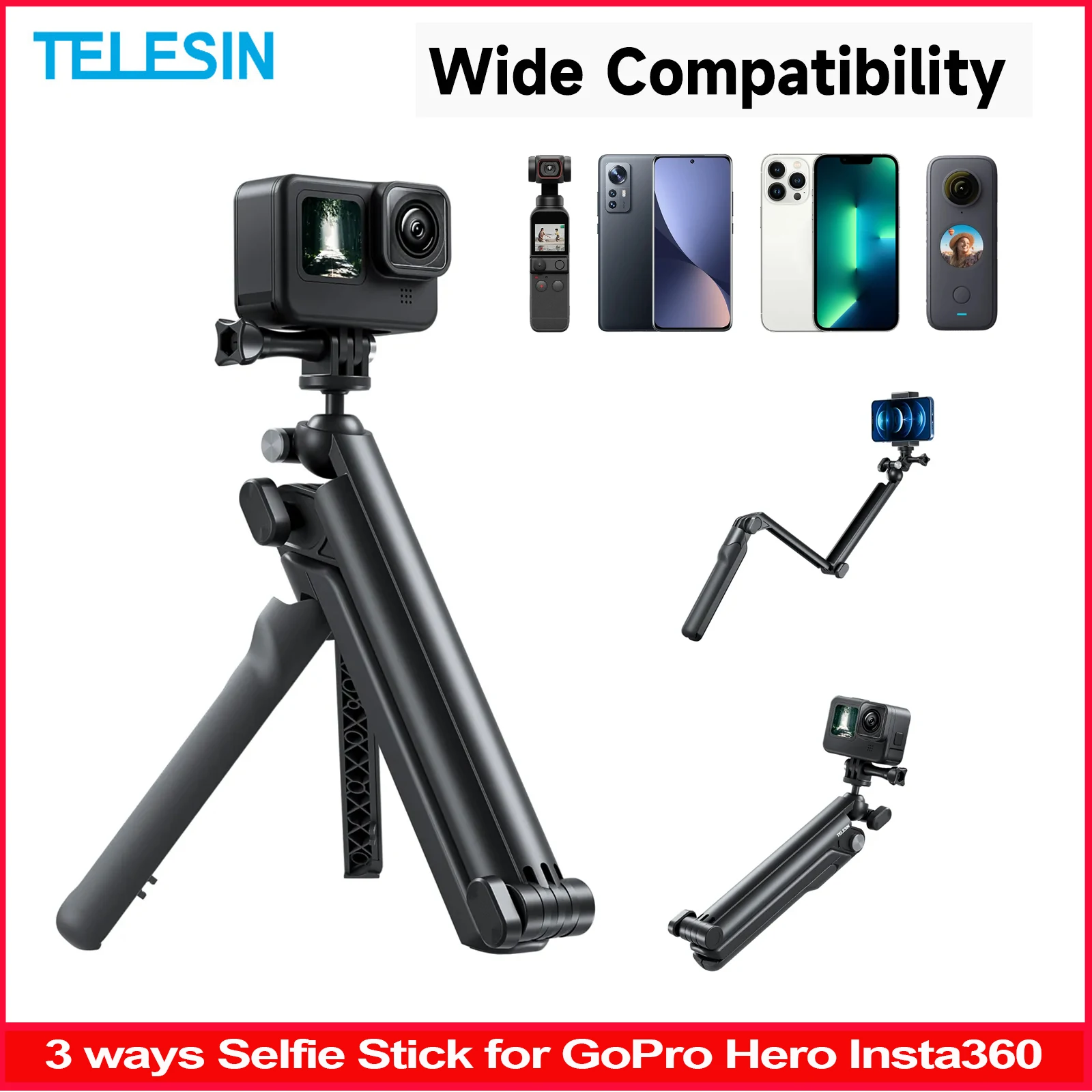 TELESIN 3 ways Selfie Stick with Tripod Hand Grip Pole for GoPro Hero Insta360 DJI Action Smart Phone Action Camera Accessories
TELESIN 3 ways Selfie Stick with Tripod Hand Grip Pole for GoPro Hero Insta360 DJI Action Smart Phone Action Camera Accessories