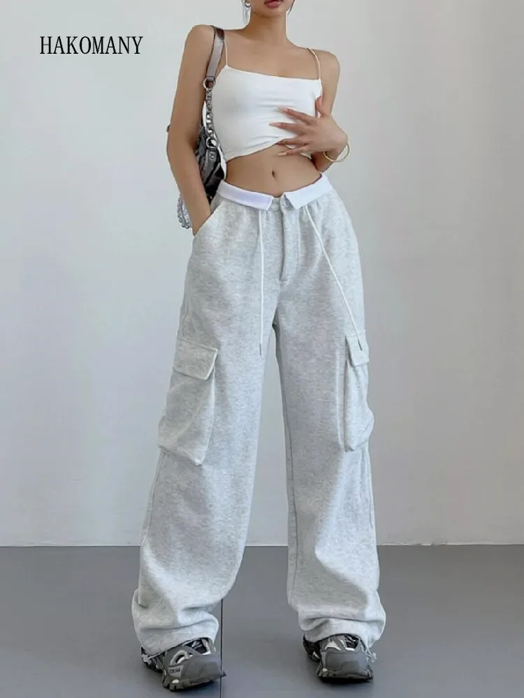 

2023 Woman Street Loose Drawstring Cuff Long Trousers Cool Girl Women Low Folded Waist Trouser Pocket Cargo Jogger Safari Pants