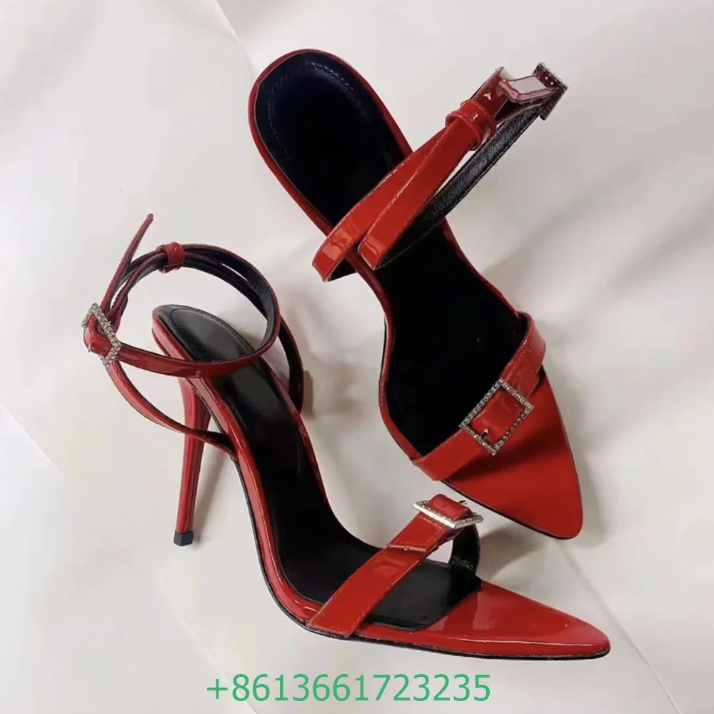 

Black/red Patent Leather Women Sandals Square Buckle Crystal Bling Bling Sexy High Heels Pointed Toe Thin Heels Ankle Strap Shoe