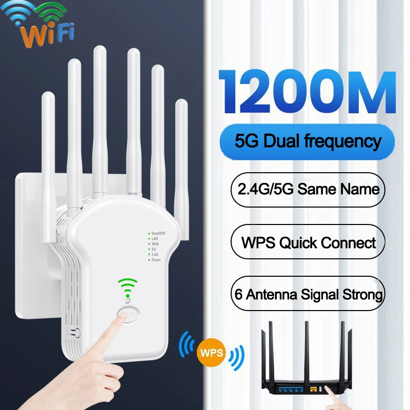

1200Mbps WiFi Repeater Wireless Wifi Extender Signal Booster High Gain 6 Antenna Dual Band 2.4G 5G Network Amplifier WPS Router
