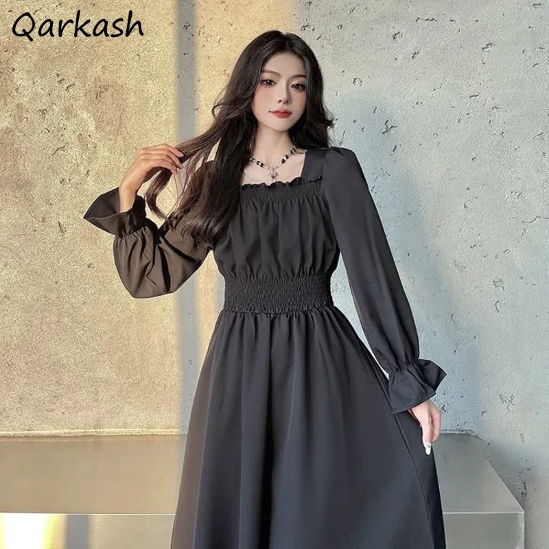 

Black Dress Women Midi Defined Chic Sweet Princess Autumn A-line Puff Sleeve Aesthetic Pure Square Collar Gentle Folds All-match