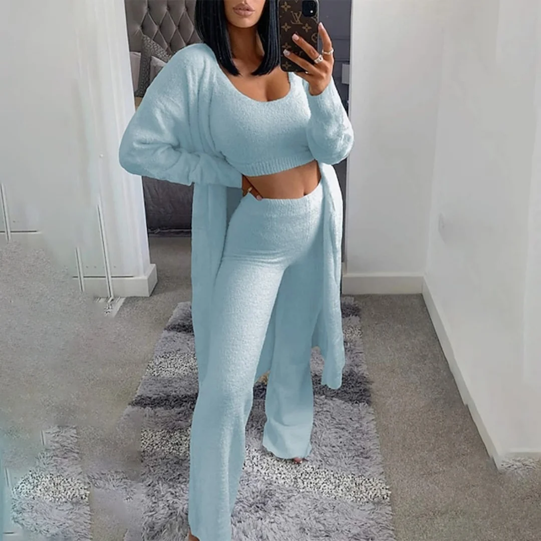 Woman Knitted Three Piece Set Long Cardigan and Crop Top and Wide Leg Pants Casual Loungewear for Autumn Winter 10 S08bb1cb2e38a4a78aea3f9c8a9625ec2r