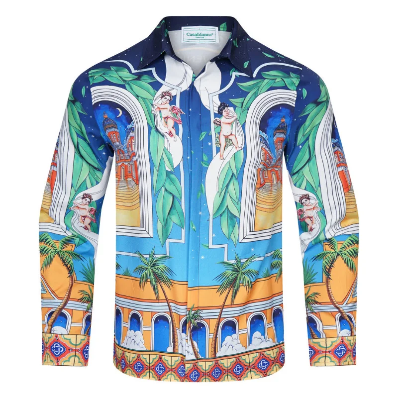 

23ss Japanese Casablanca Hawaiian Shirt Little Angel Castle Print Wave Pattern Gradient Blue Loose 3XL Long Sleeved Top Shirts