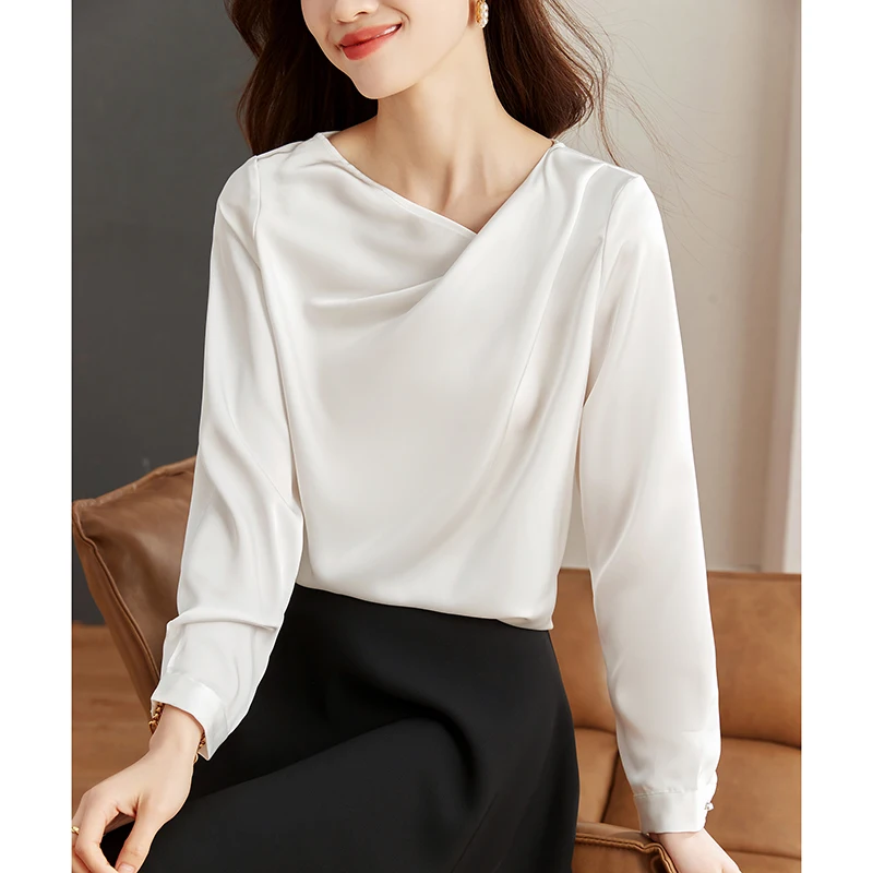 

Women's Spring Autumn Asymmetrical Skew Collar Solid Chiffon Pullover Lantern Long Sleeve T-shirt Casual Fashion Elegant Tops
