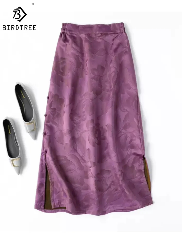 

Birdtree, 45MM 100%Real Silk Skirt, Women Watered Gauze, Floral Jacquard Skirts, Elegant Fashion, 2024 Spring Summer B42003QM