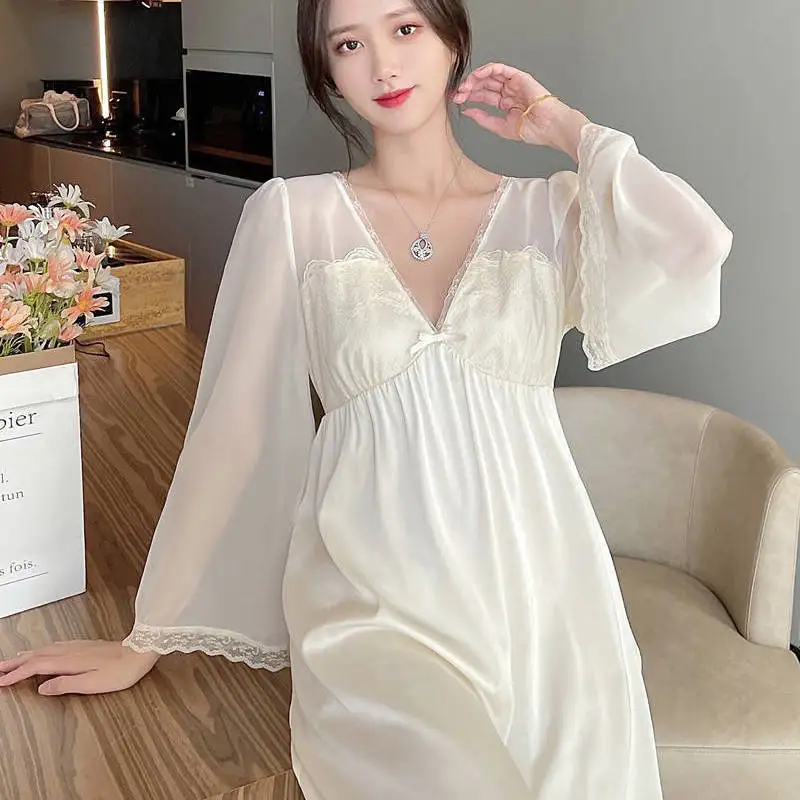 Deep V-Neck Mesh Nightgown Women Court Style Sleepwear Lace Trim Home Dress Bridal Sleepshirt Flare Sleeve Nightwear Lingerie
Deep V-Neck Mesh Nightgown Women Court Style Sleepwear Lace Trim Home Dress Bridal Sleepshirt Flare Sleeve Nightwear Lingerie
