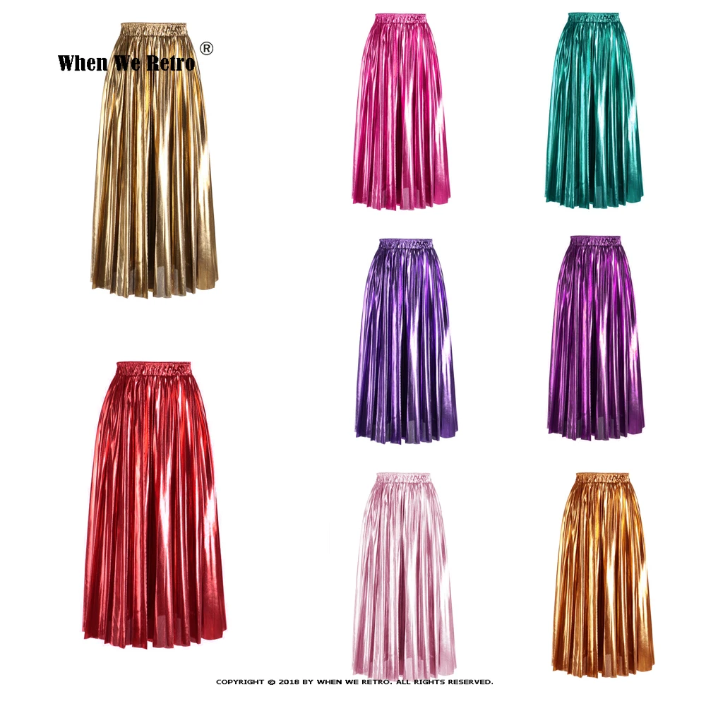 

Fashion Sping Korean Pleated Skirt Shinny Metallic Color Midi Long Skirts For Women Elegant High Waist Elastic Gold Skirt SS0039