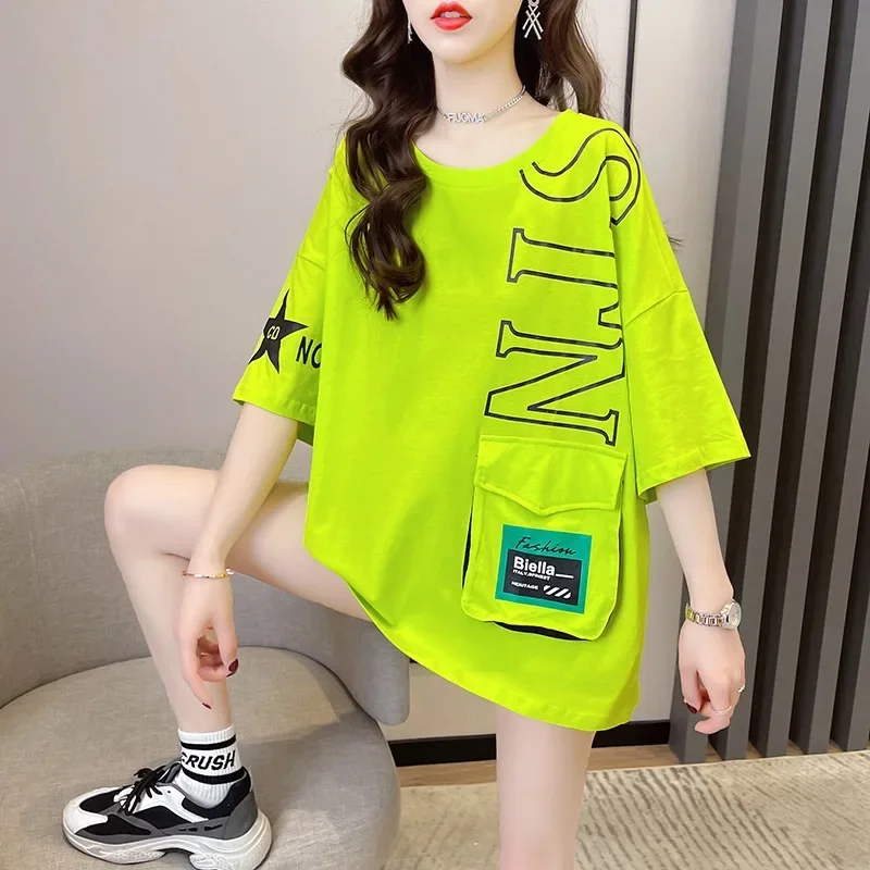 

DAYIFUN Fluorescent Green T-shirts Women Cotton Summer Letter Printing Three-dimensional Pocket Tee Short-sleeved Loose Tops