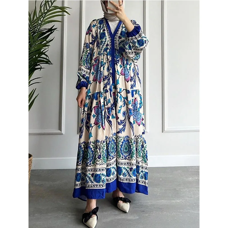 

New Contrasting-Color Dress Dress Women's Long Sleeve Stand Collar Floral Print Swing Dress Ethnic Long Dress Qins