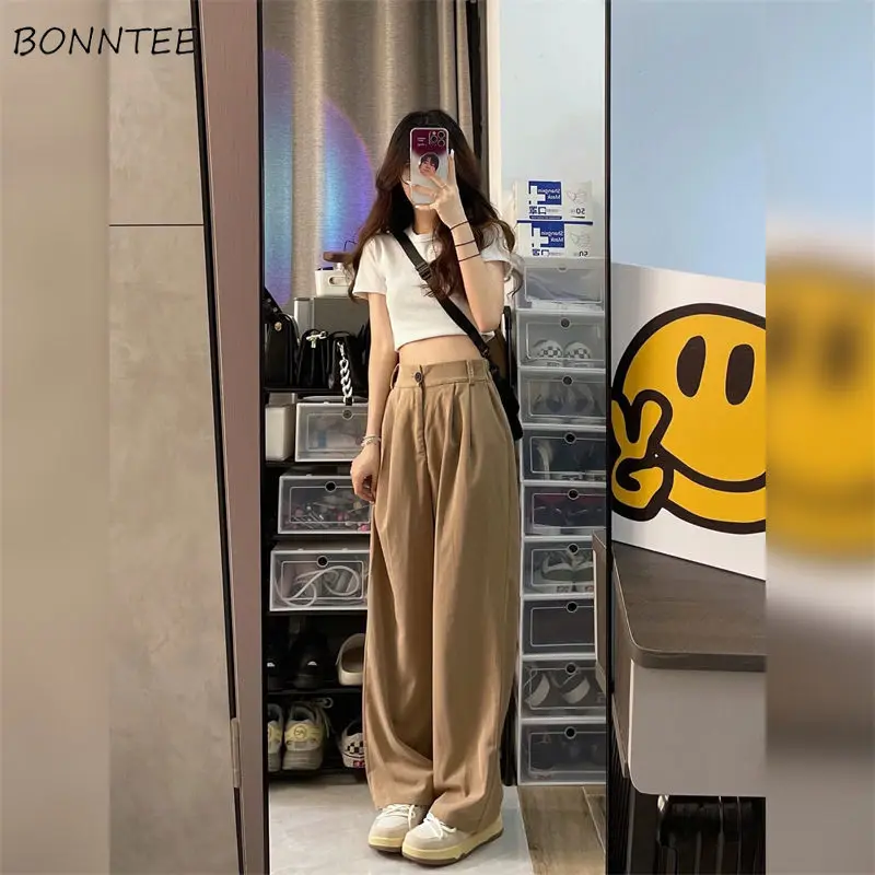 

Khaki Wide Leg Casual Pants for Women High Waist 2022 Summer New Arrival Korean Style Females College Baggy All-match Aesthetic