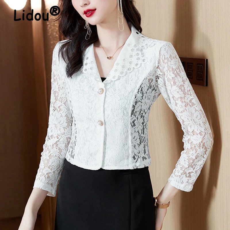 

New Elegant Chic Sexy Sheer Lace Hollow Black White Blazers Jackets for Women Fashion Slim Long Sleeve Office Ladies Suits Coats