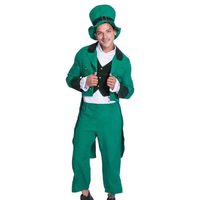 

St Patricks Day Coat 4 Pieces Costume Set Accessories Vintage Steampunk Tailcoat Green Leprechaun Suit For Teens Adults