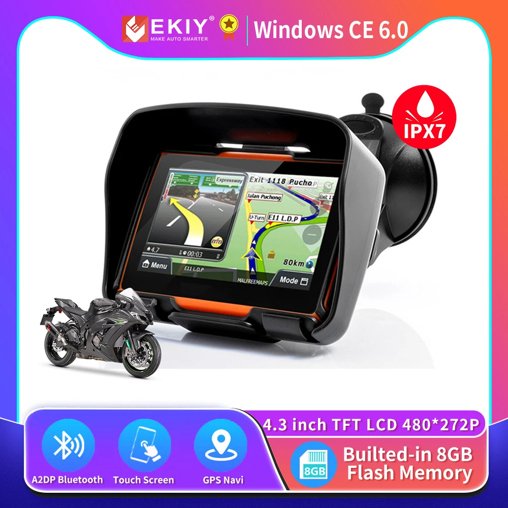 

EKIY 4.3 Inch GPS Motorcycle Navigator Bluetooth Motorbike Outdoor Waterproof IPX7 Builted 8GB Navigation Touch Screen free maps